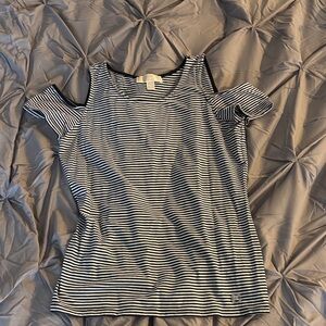 MICHAEL Michael Kors Black and White Striped Cold Shoulder Tee